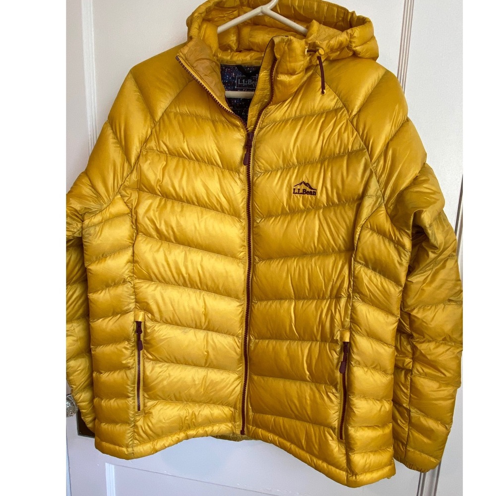 LL Bean Ultralight 850 Down Hooded Jacket Yellow Puffer Coat Womens Large L Reg